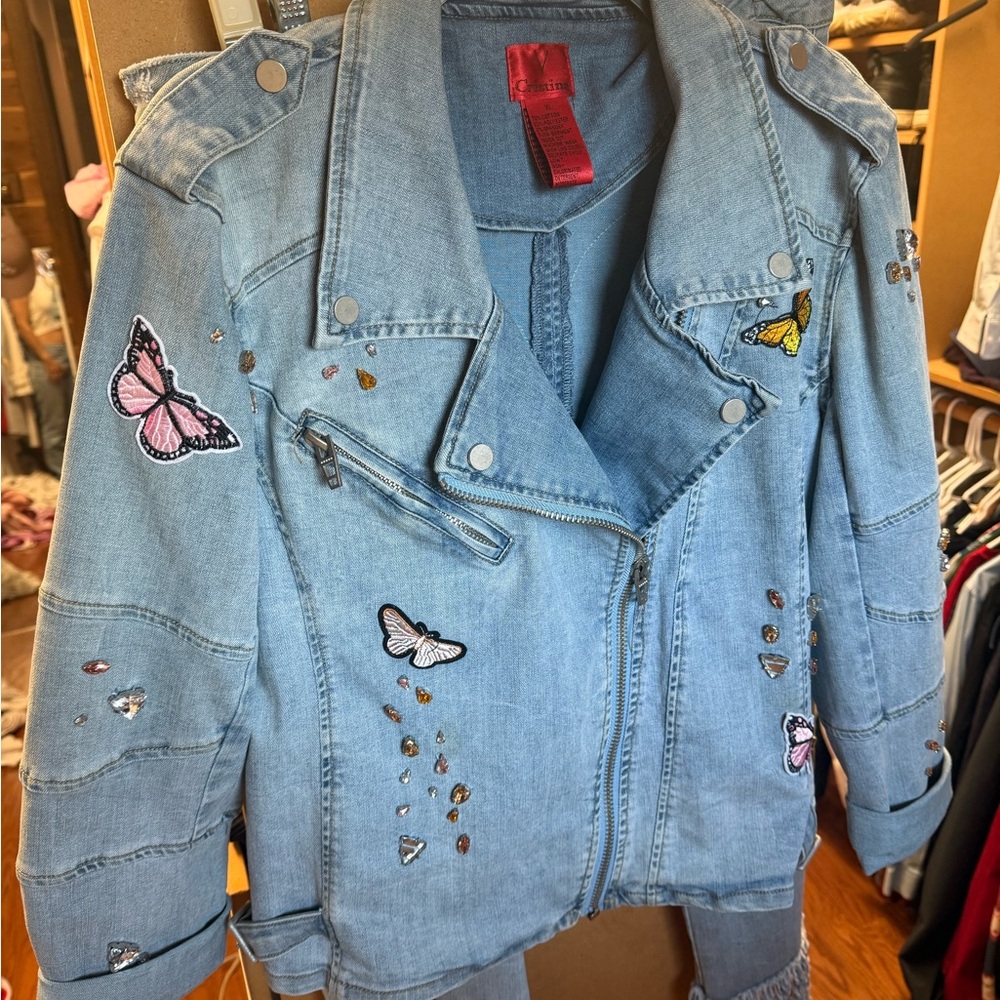 V Cristina Light Blue Denim Butterfly Embellished Jean Jacket